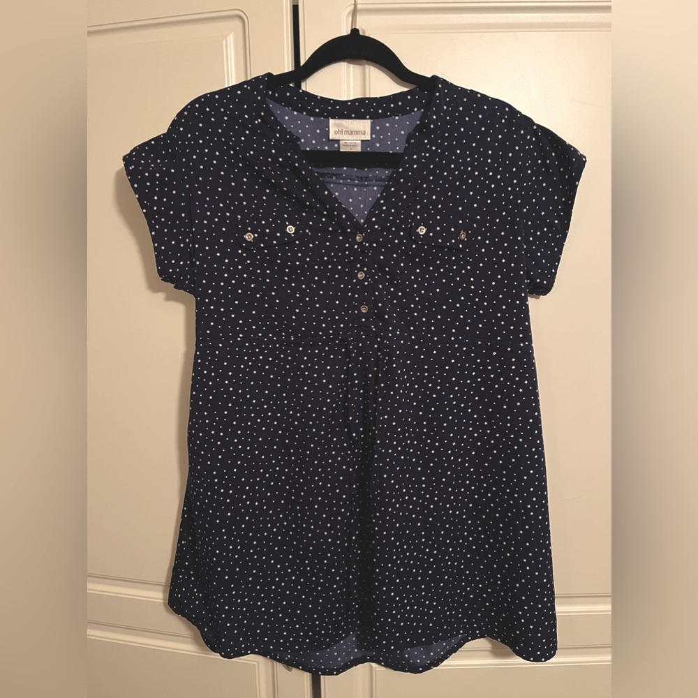 Blue and white polka dotted maternity blouse